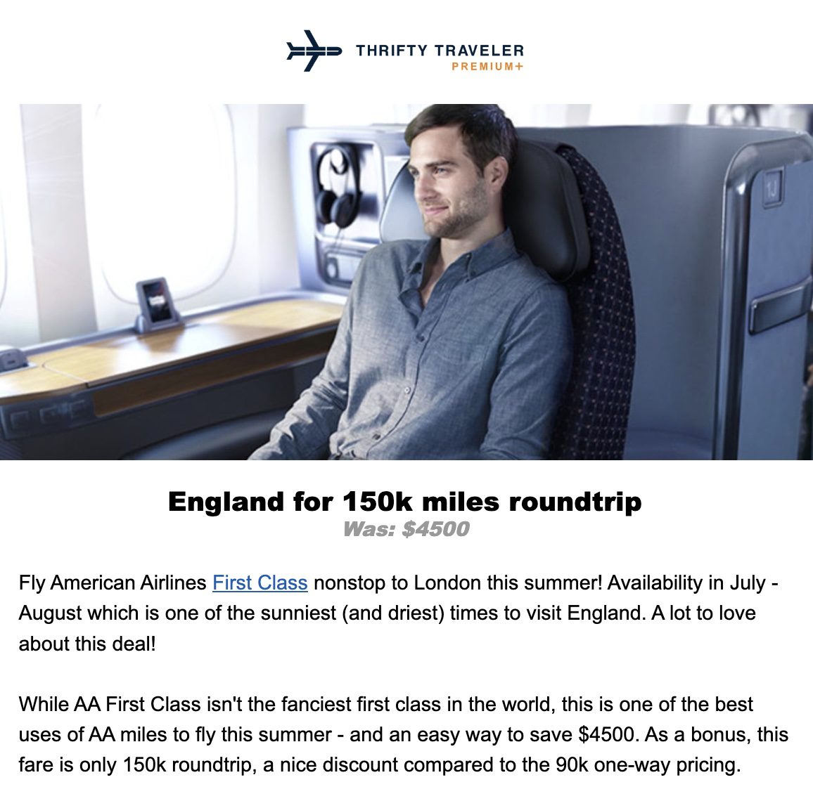AA Flight Deal to London First Class