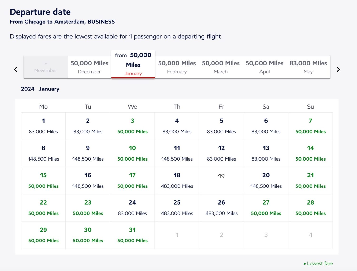 Flying Blue calendar search for award flights from Chicago (ORD) to Amsterdam (AMS) 