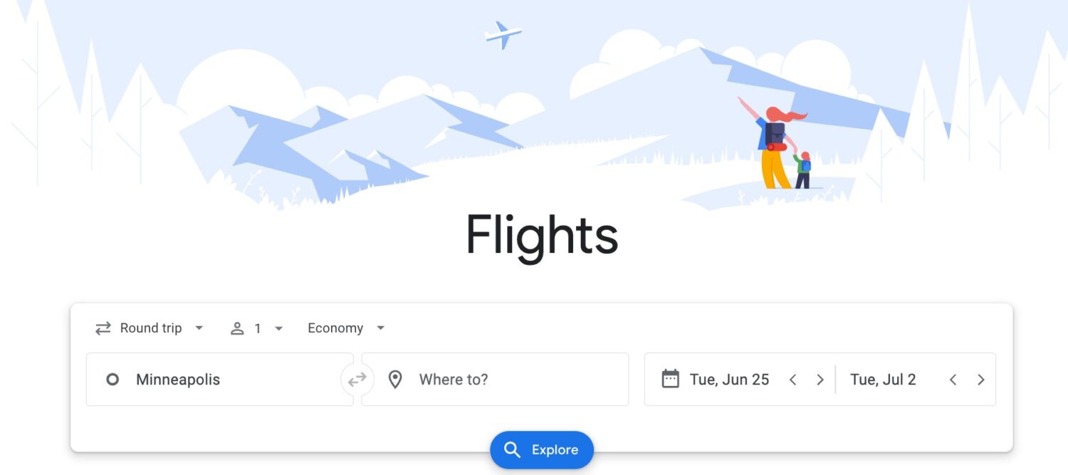 a Google flights search for Minneapolis flights 
