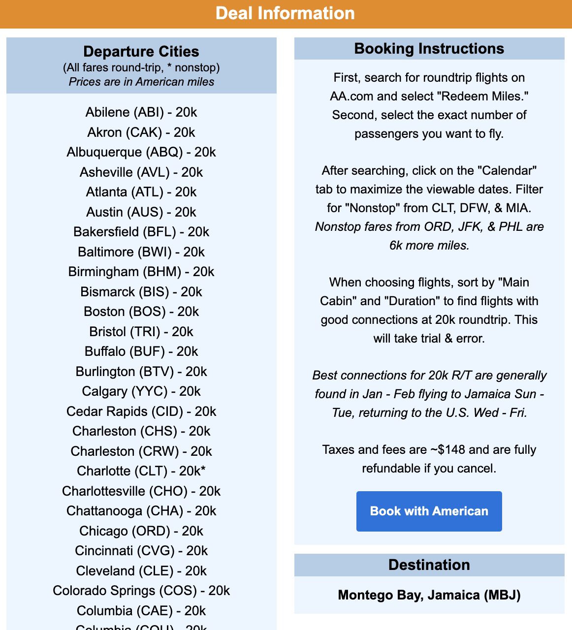 Jamaica flight deal AA miles info