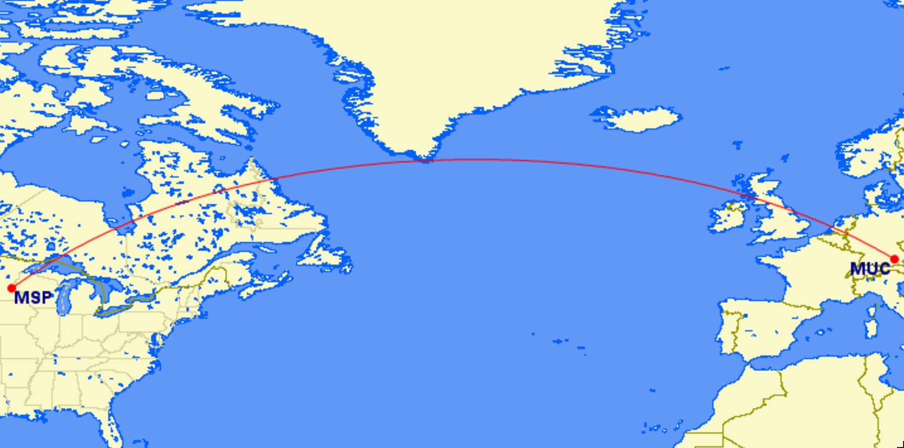 A map showing the route of a flight from Minneapolis to Munich. 