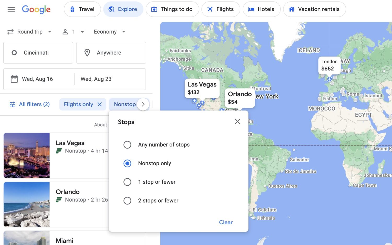Nonstop flight search filter