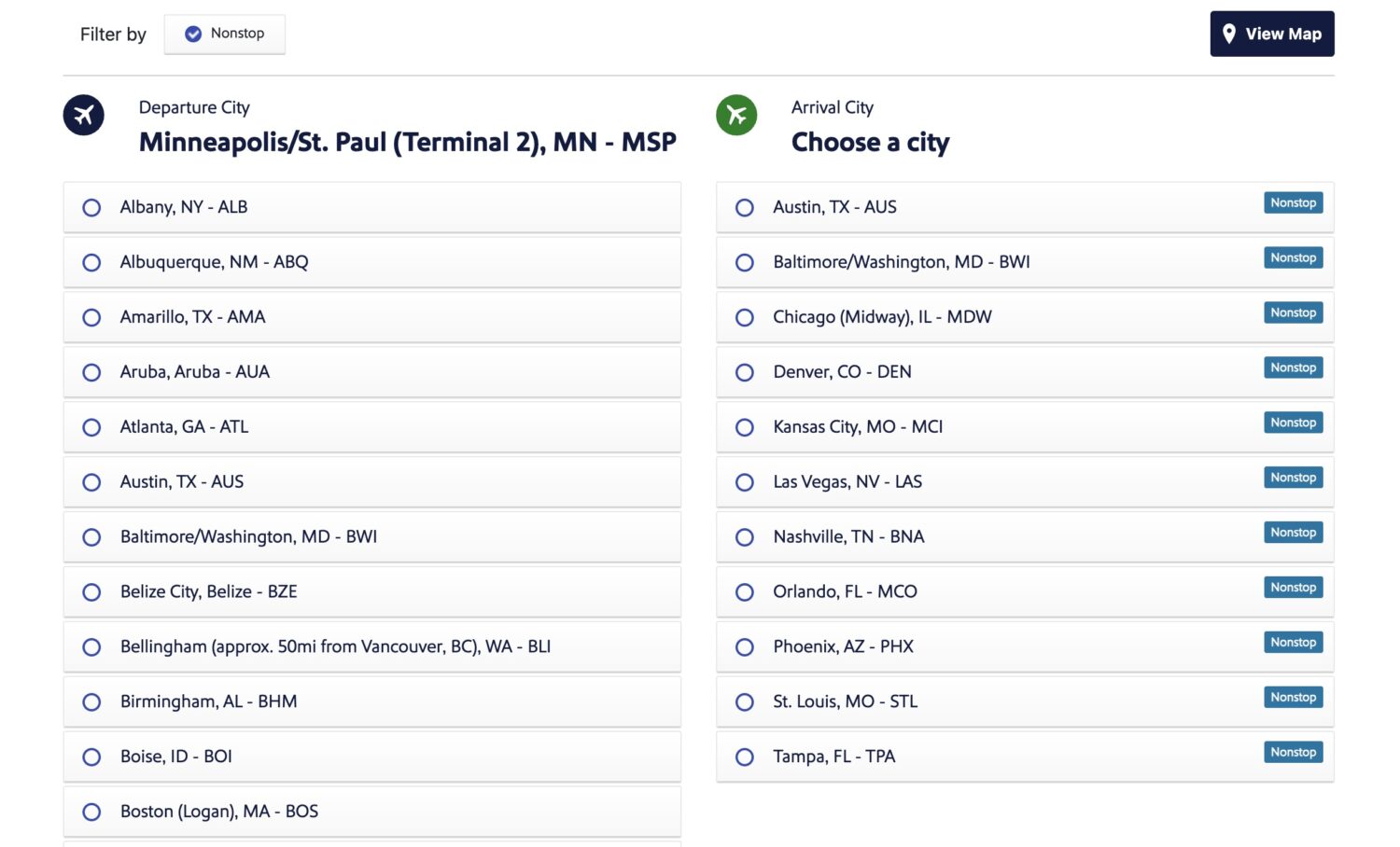 Nonstop flights on Southwest