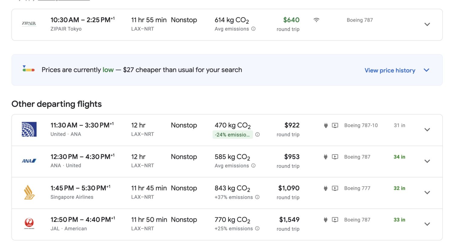 LAX to NRT nonstop flights