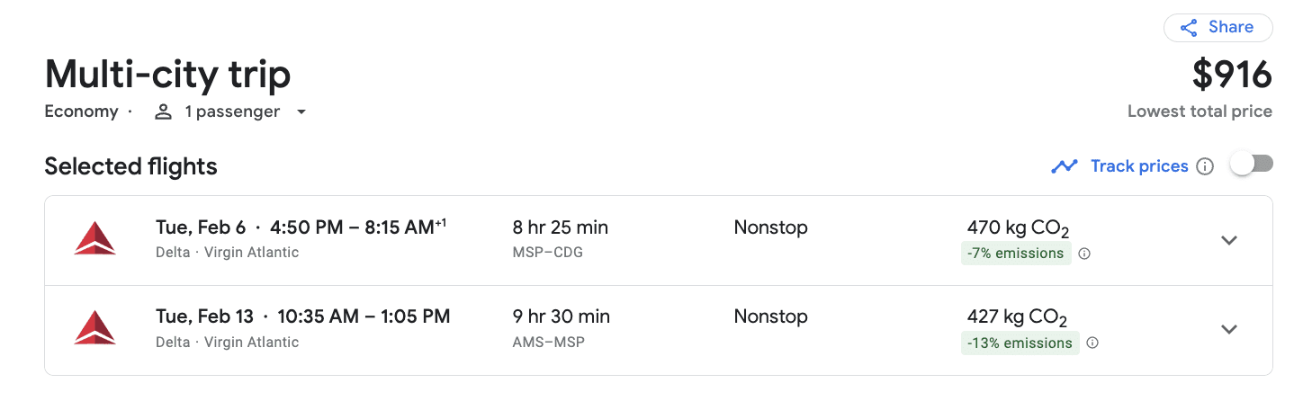 Google Flights search for a multi-city trip on Delta from Minneapolis