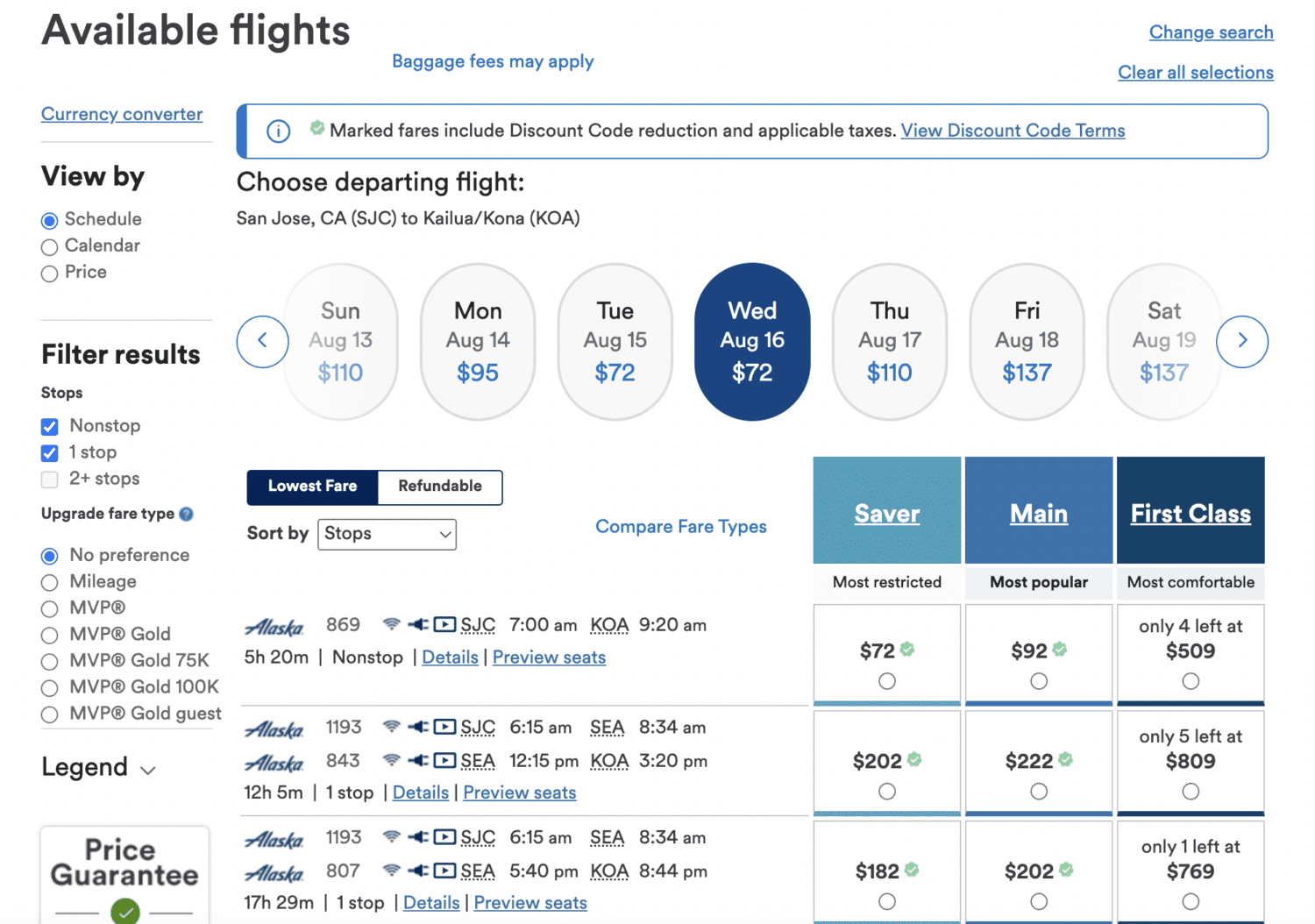 Alaska Airlines BOGO flights to Kona promotion search results