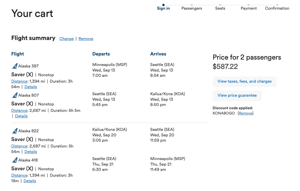 Alaska Airlines flight from Minneapolis to Kona, Hawaii for two people
