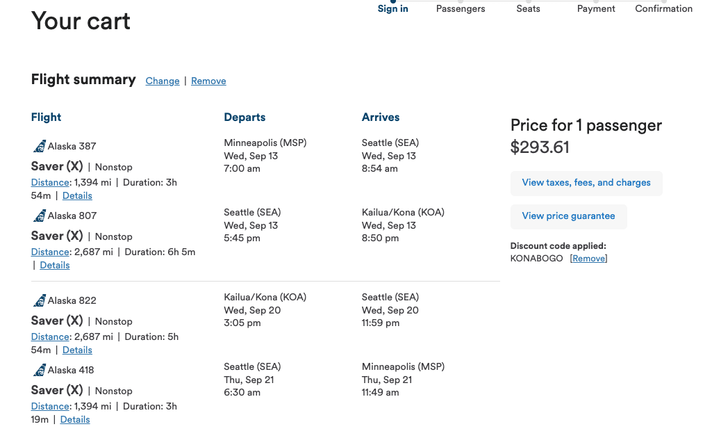 Alaska Airlines flight from Minneapolis to Kona, Hawaii for one passenger