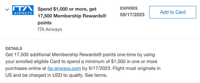 ITA Airways Amex Offer