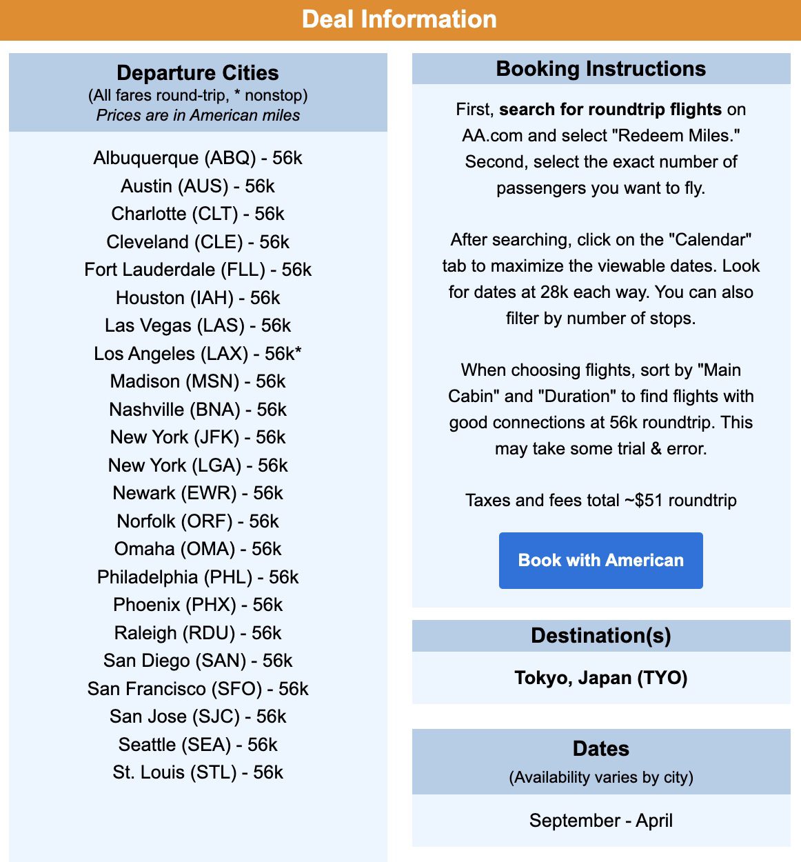 Japan AA miles flight deal information
