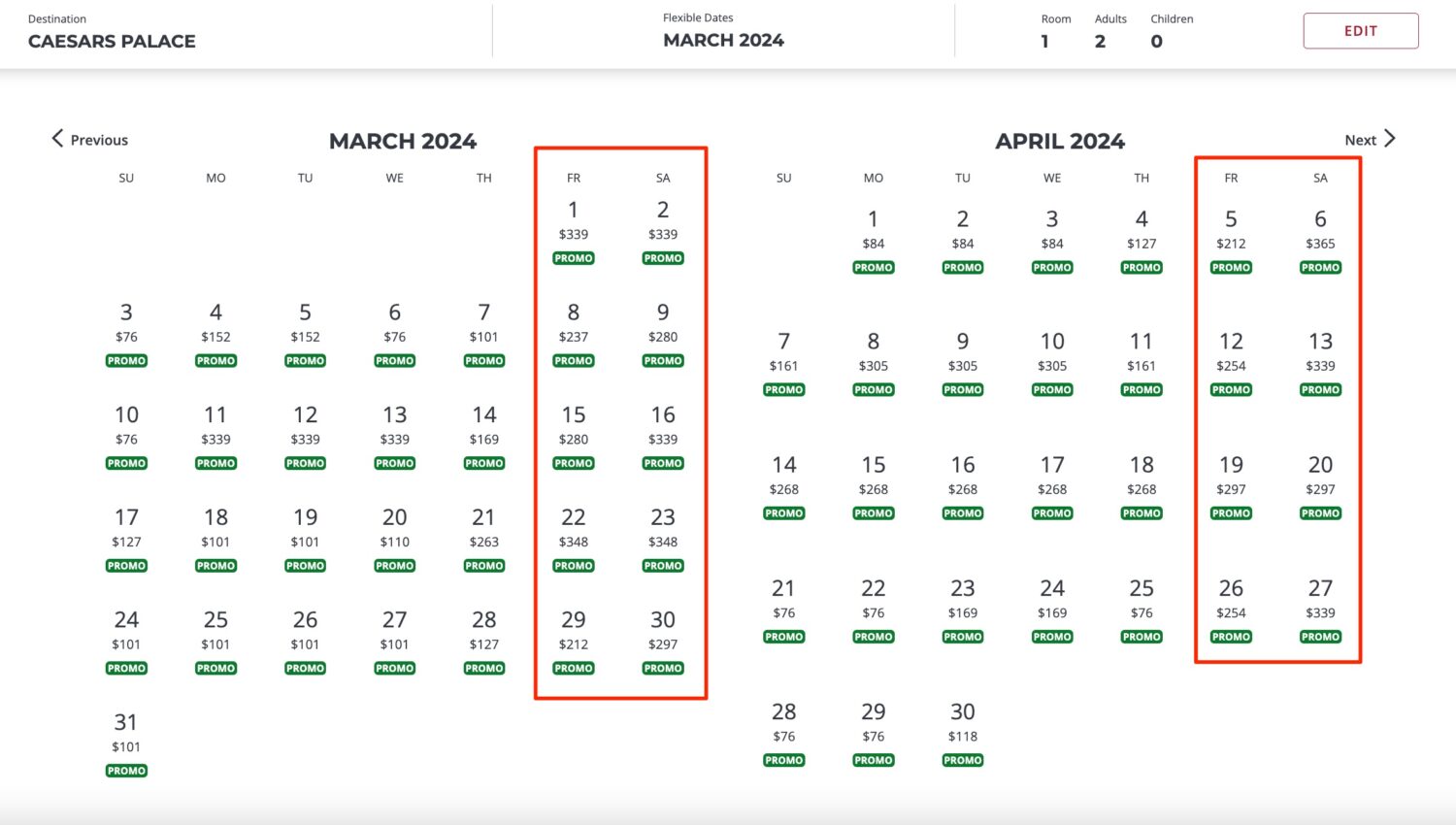 cheapest days to stay at caesars calendar