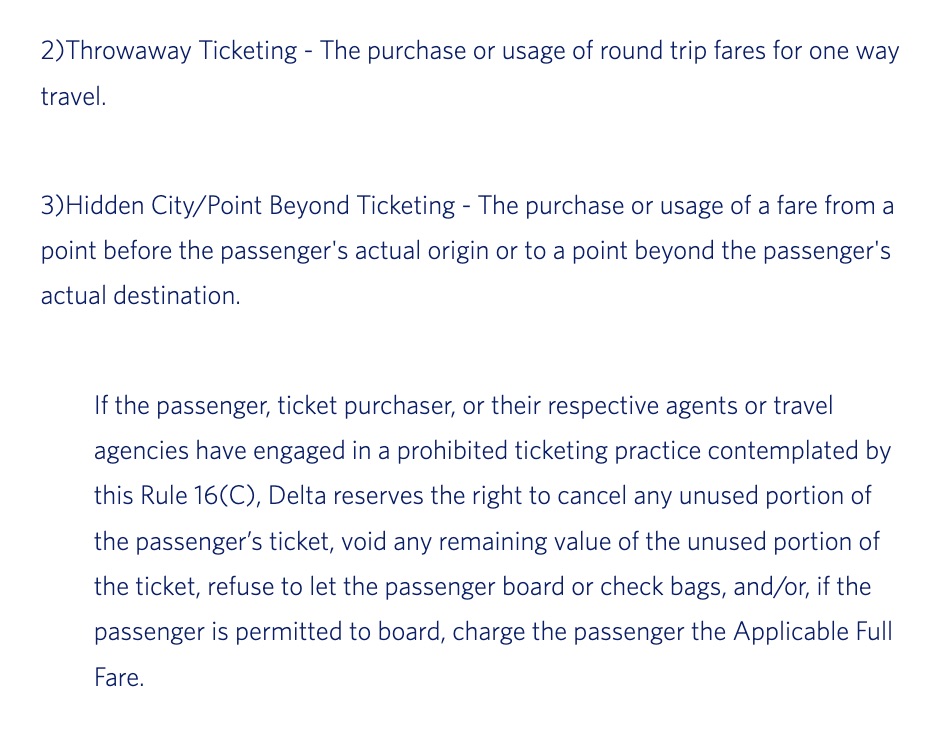 delta contract of carriage terms on hidden city ticketing