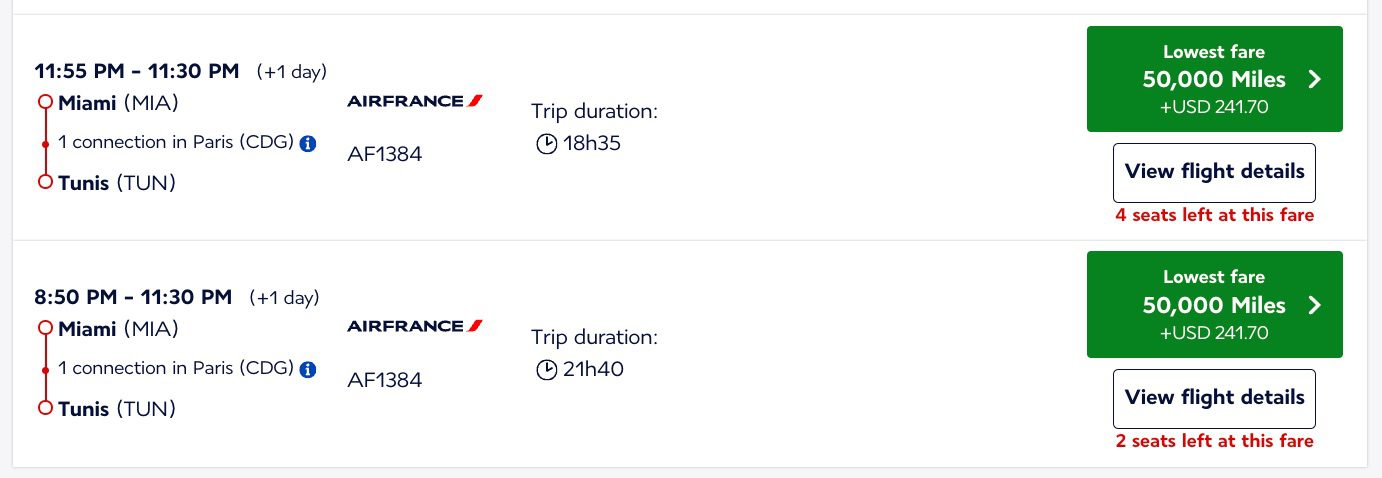 miami to tunis flying blue redemption