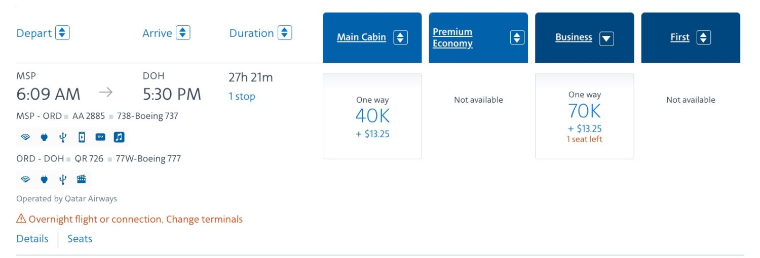 booking qsuites msp to ord to doh