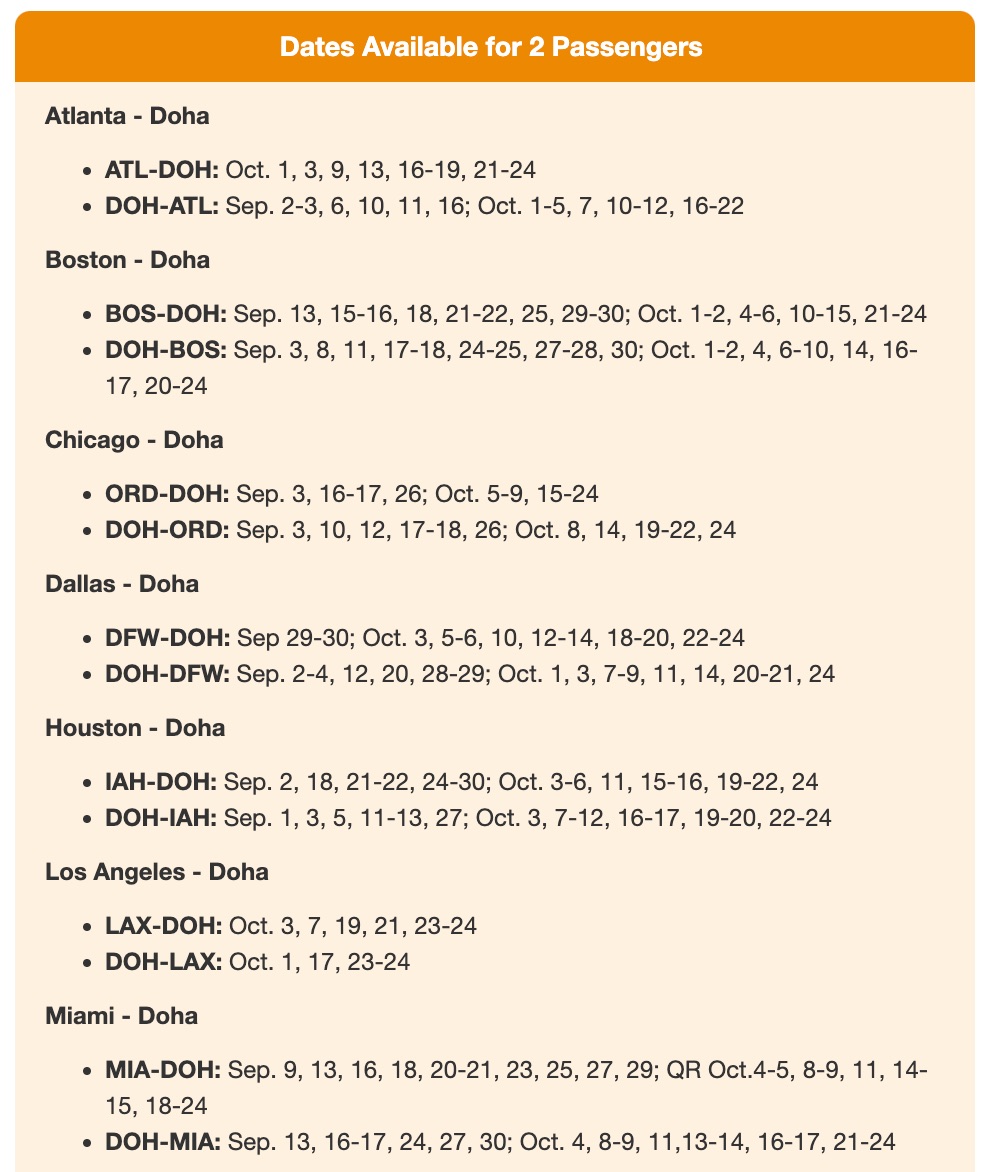 list of dates and cities with available flights