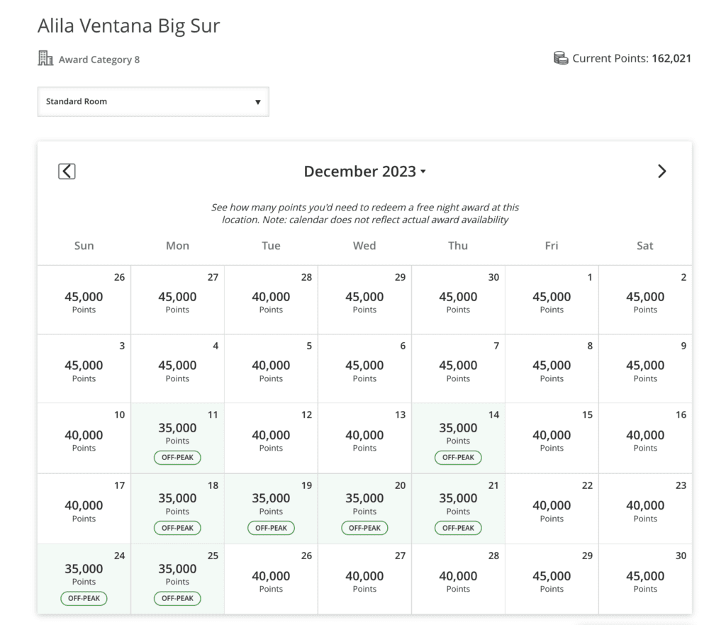 ventana big sur award calendar peak off peak