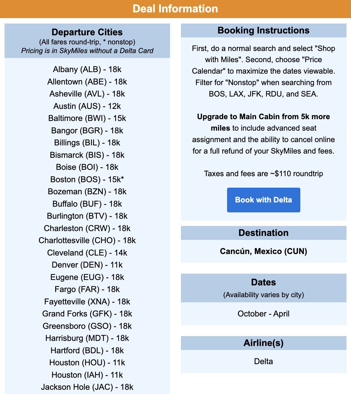 Cancun SkyMiles flight deal