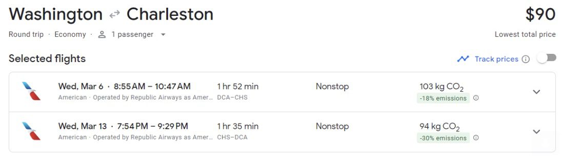 Washington, D.C. to Charleston flight deal