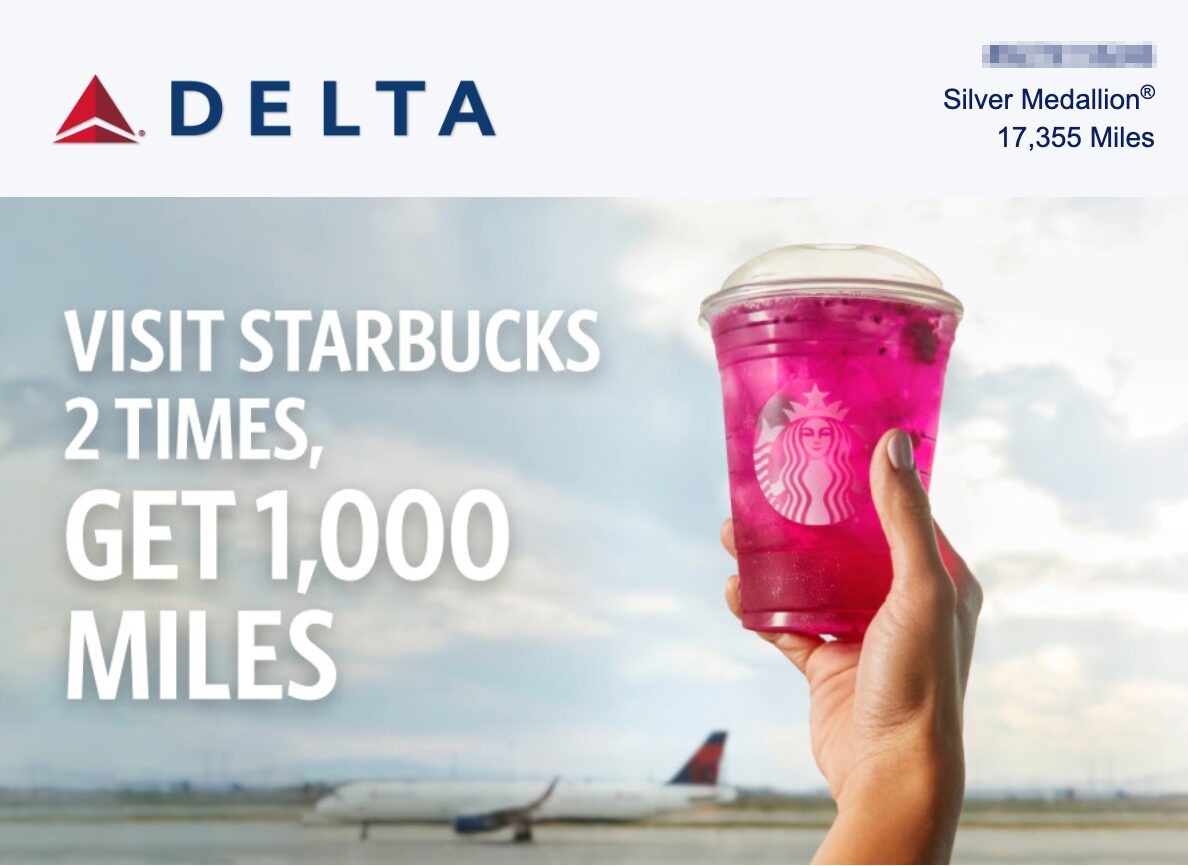 Delta email about Starbucks promo for 1,000 bonus SkyMiles
