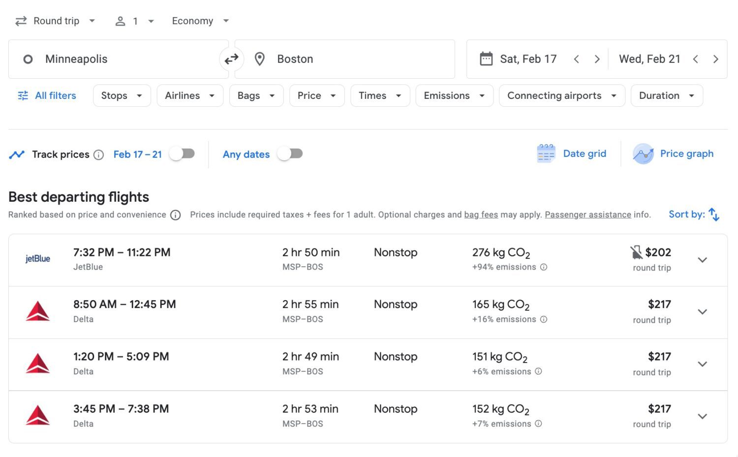 Google Flights search for Minneapolis (MSP) to Boston (BOS) in February