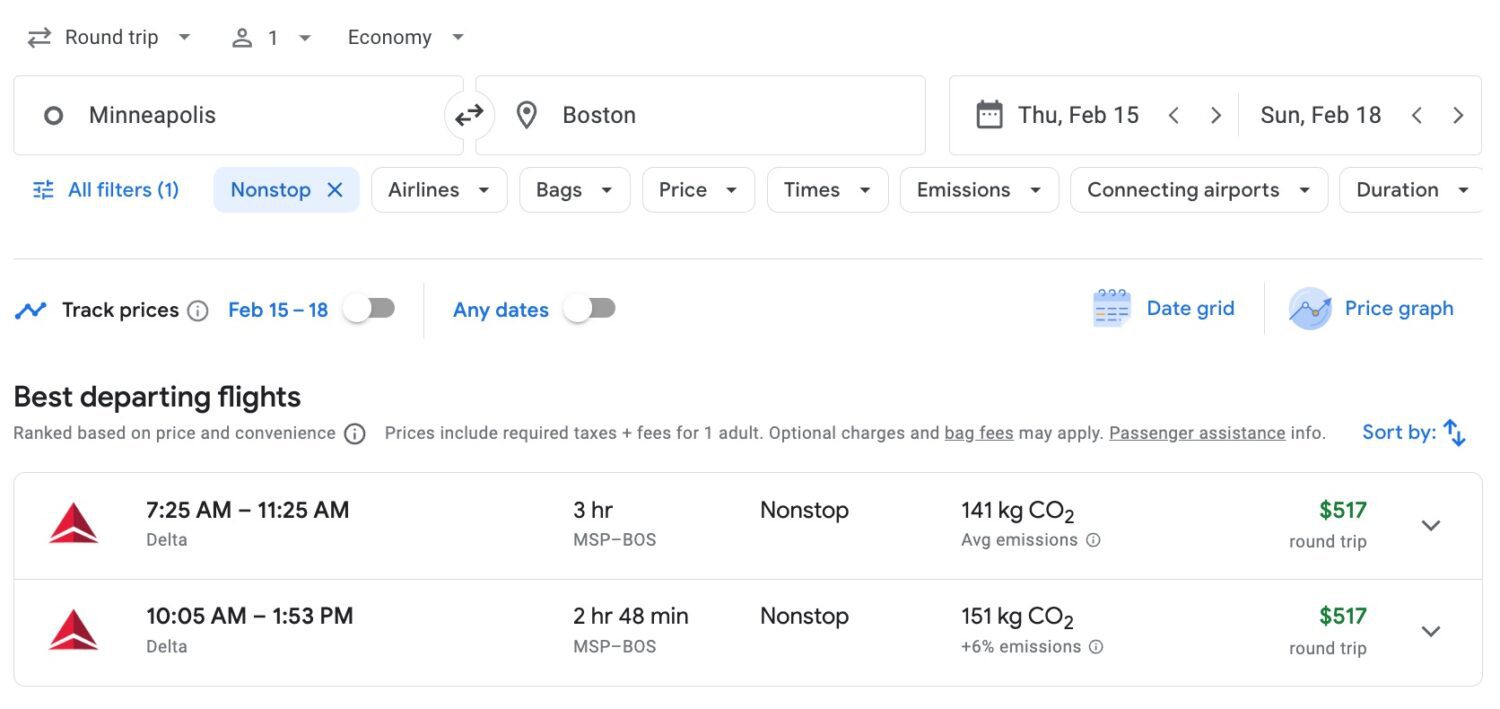 Google Flights search for Minneapolis (MSP) to Boston (BOS) flights