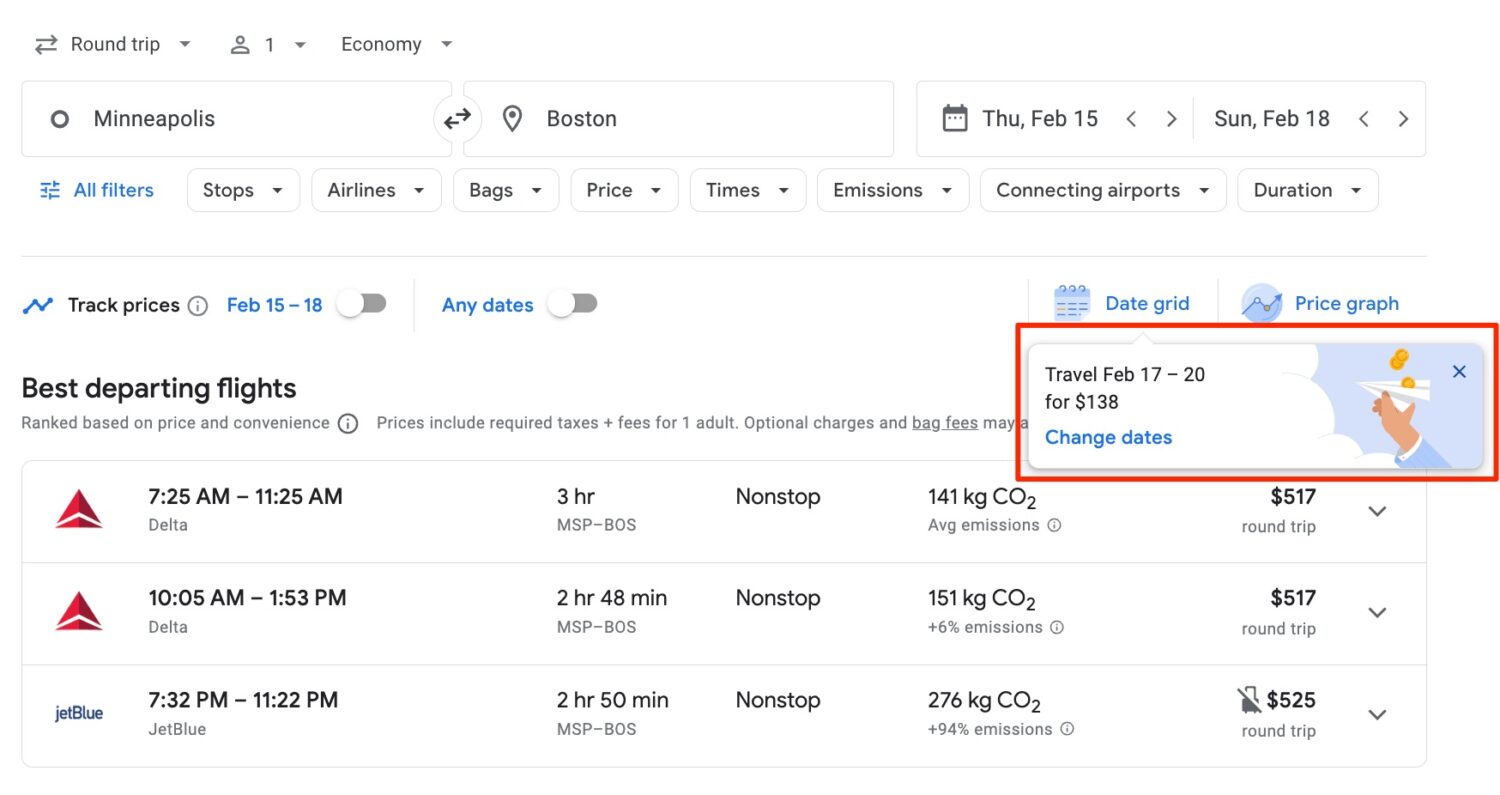 Google Flights search with a pop-up alert about cheaper dates