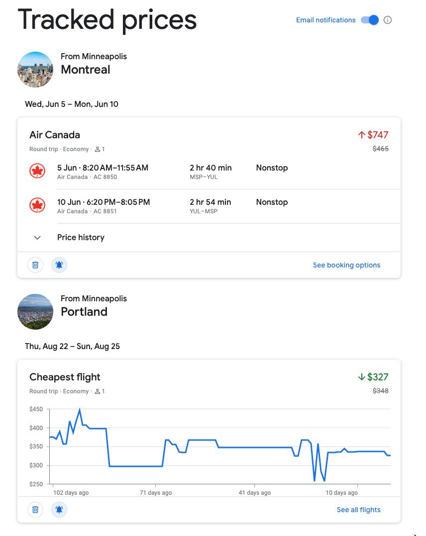 Google Flights tracked flight prices for Montreal and Portland flights