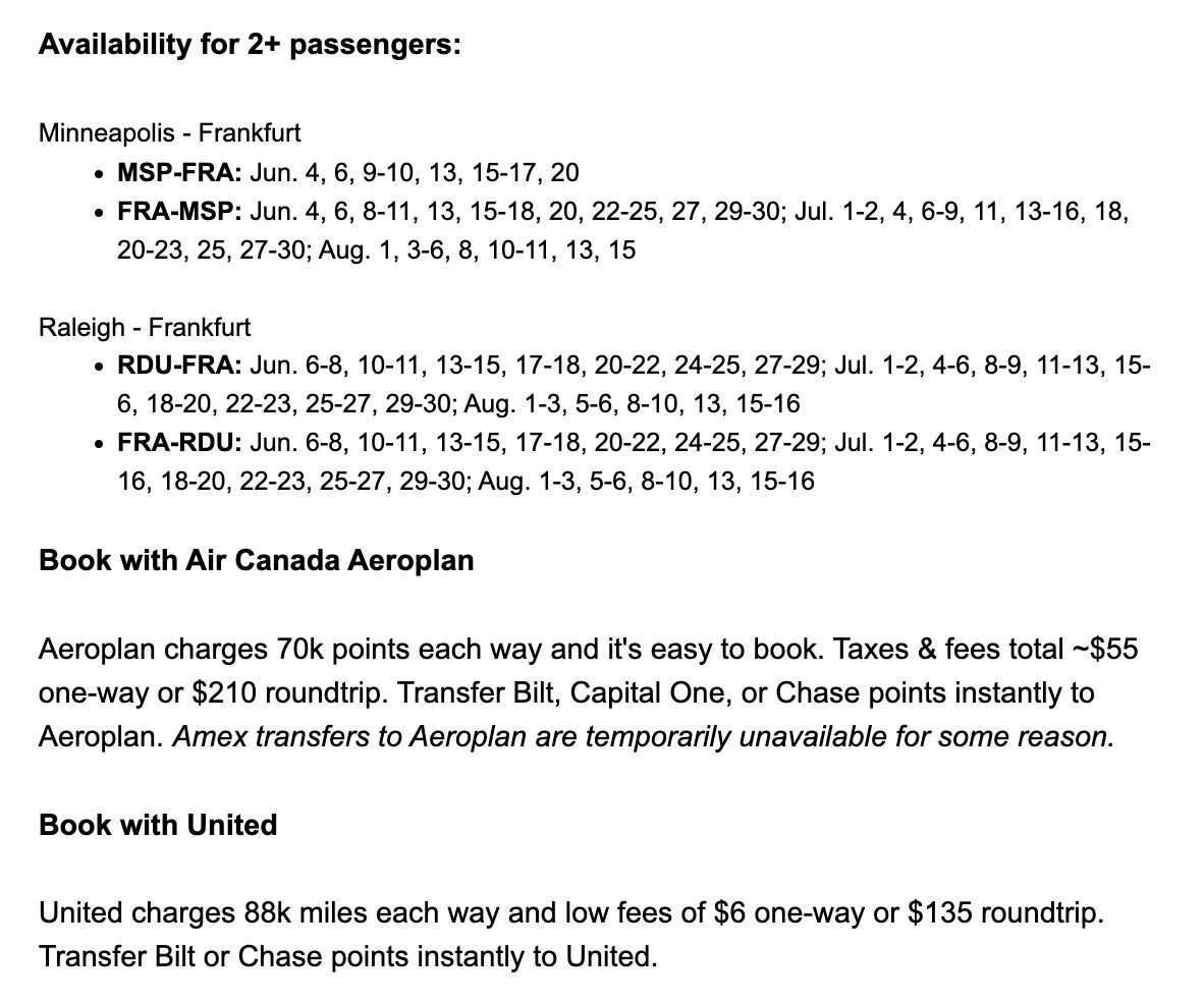 MSP RDU FRA business class flight deal info