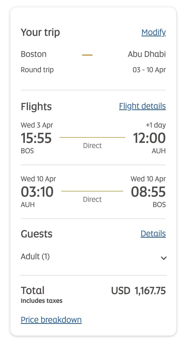 Etihad BOS to AUH flight