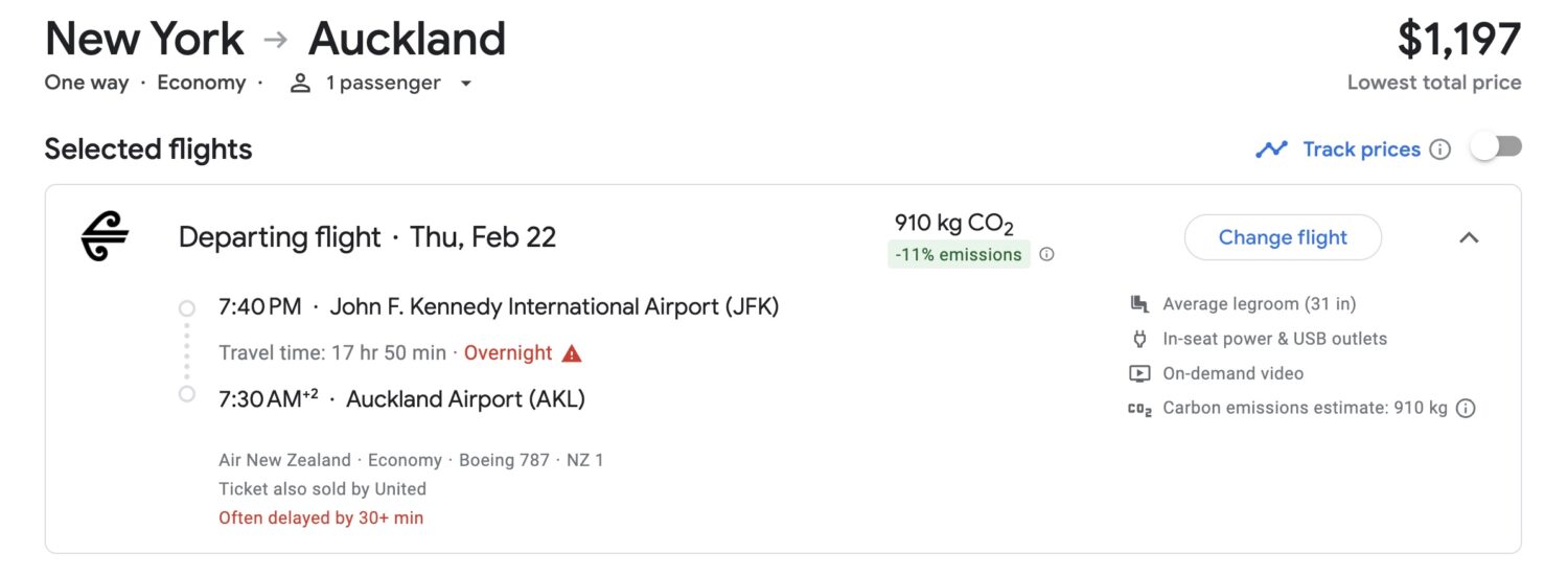 Air New Zealand NYC to AKL