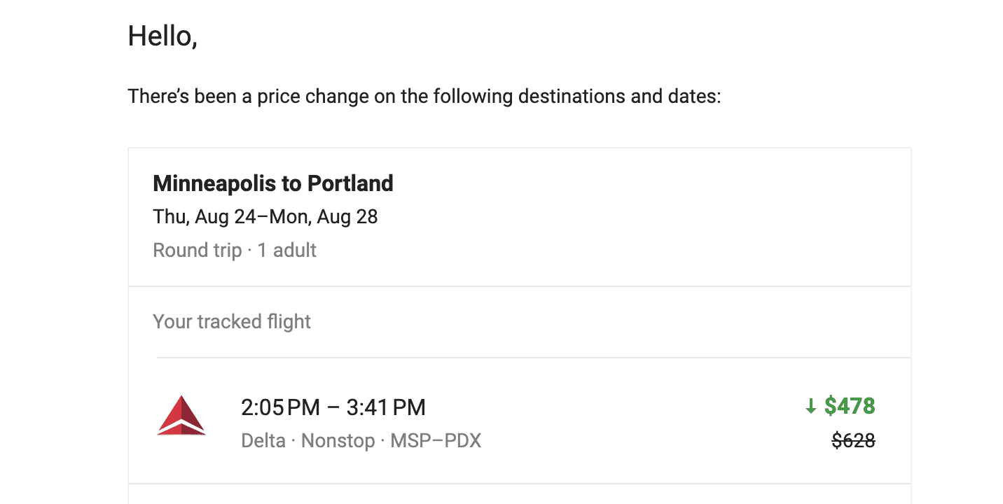 Google Flights price alert email for Portland flights 