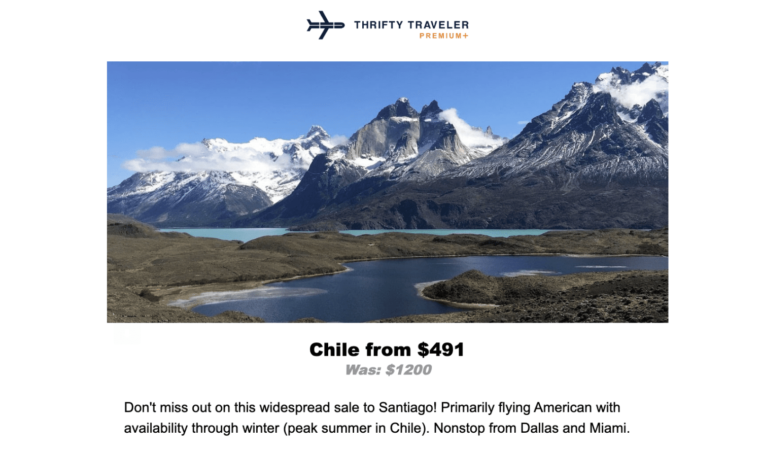 Thrifty Traveler Premium flight deal to Santiago, Chile 