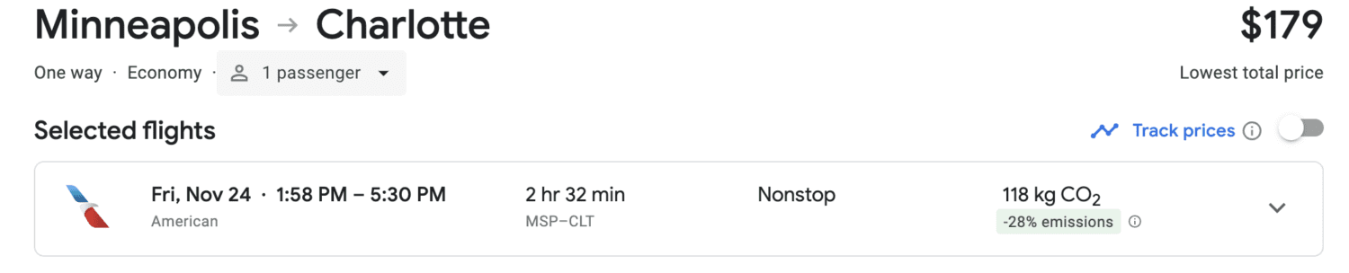 Google Flights search for flights from MSP to CLT