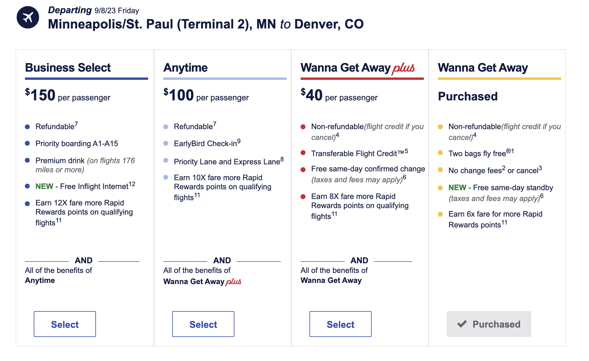 Southwest Airlines upgrades fare class info