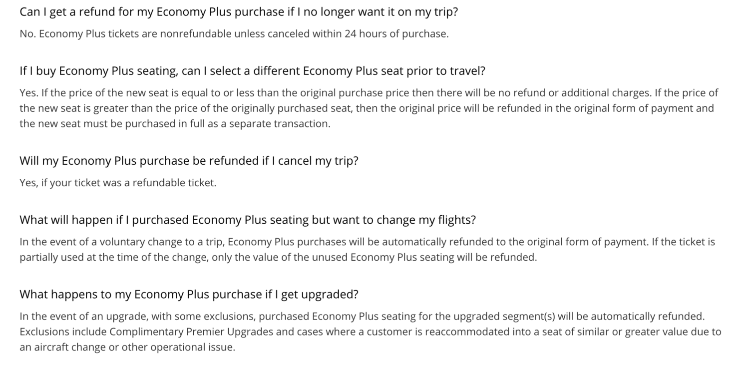 United Economy Plus seat refund policy 