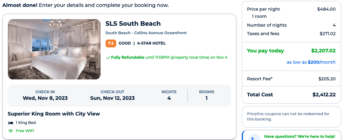 SLS South Beach Priceline booking