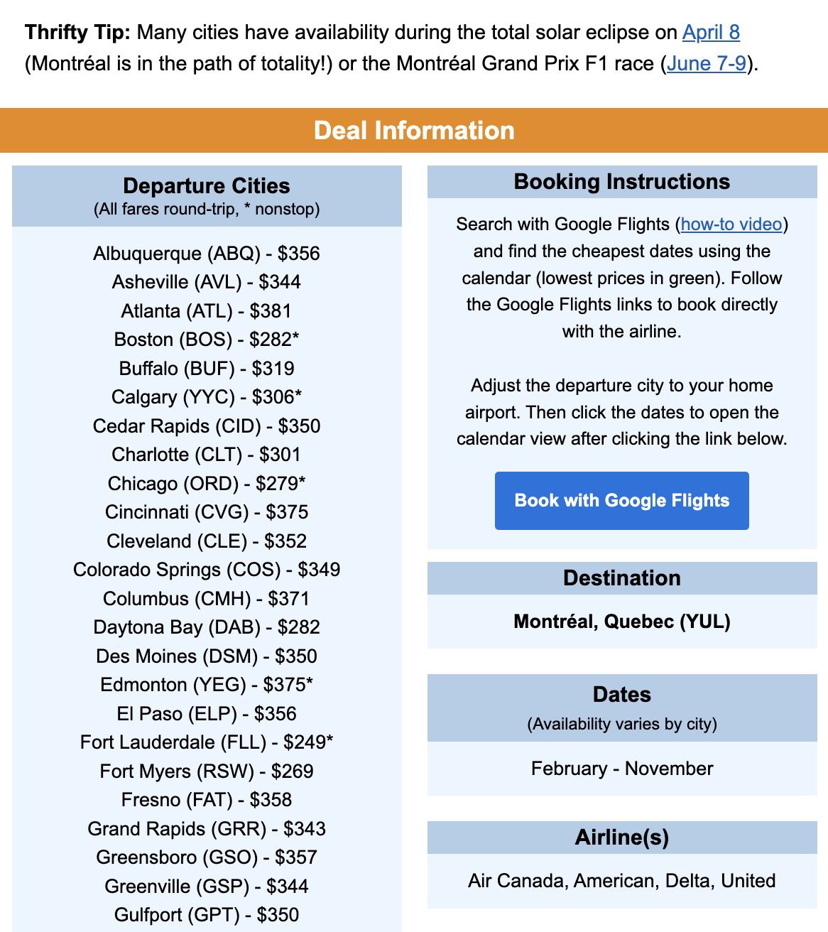 YUL flight deal info
