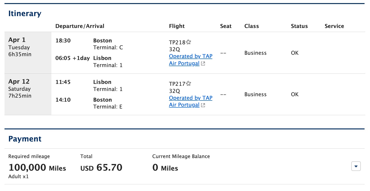 boston to lisbon business class redemption