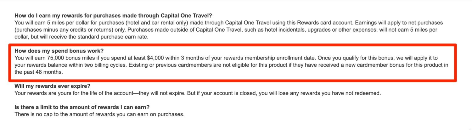 Capital One Venture X application terms restricting the bonus to every 48 months.