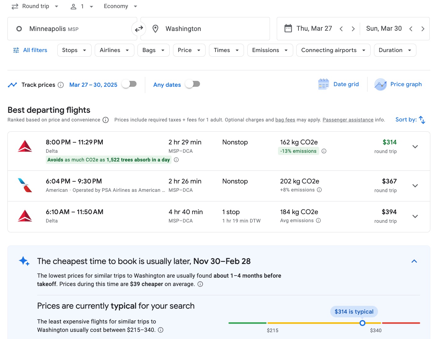 cheapest time to book feature on Google Flights