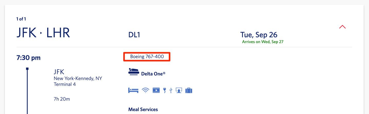 screenshot of a delta flight from new york to london showing the boeing 767-400 in a box