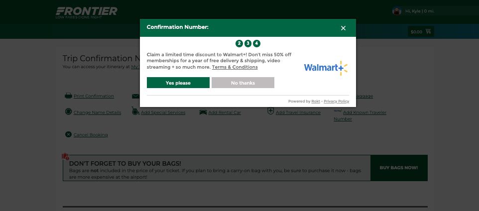 coupon for a walmart subscription on frontier airline's website
