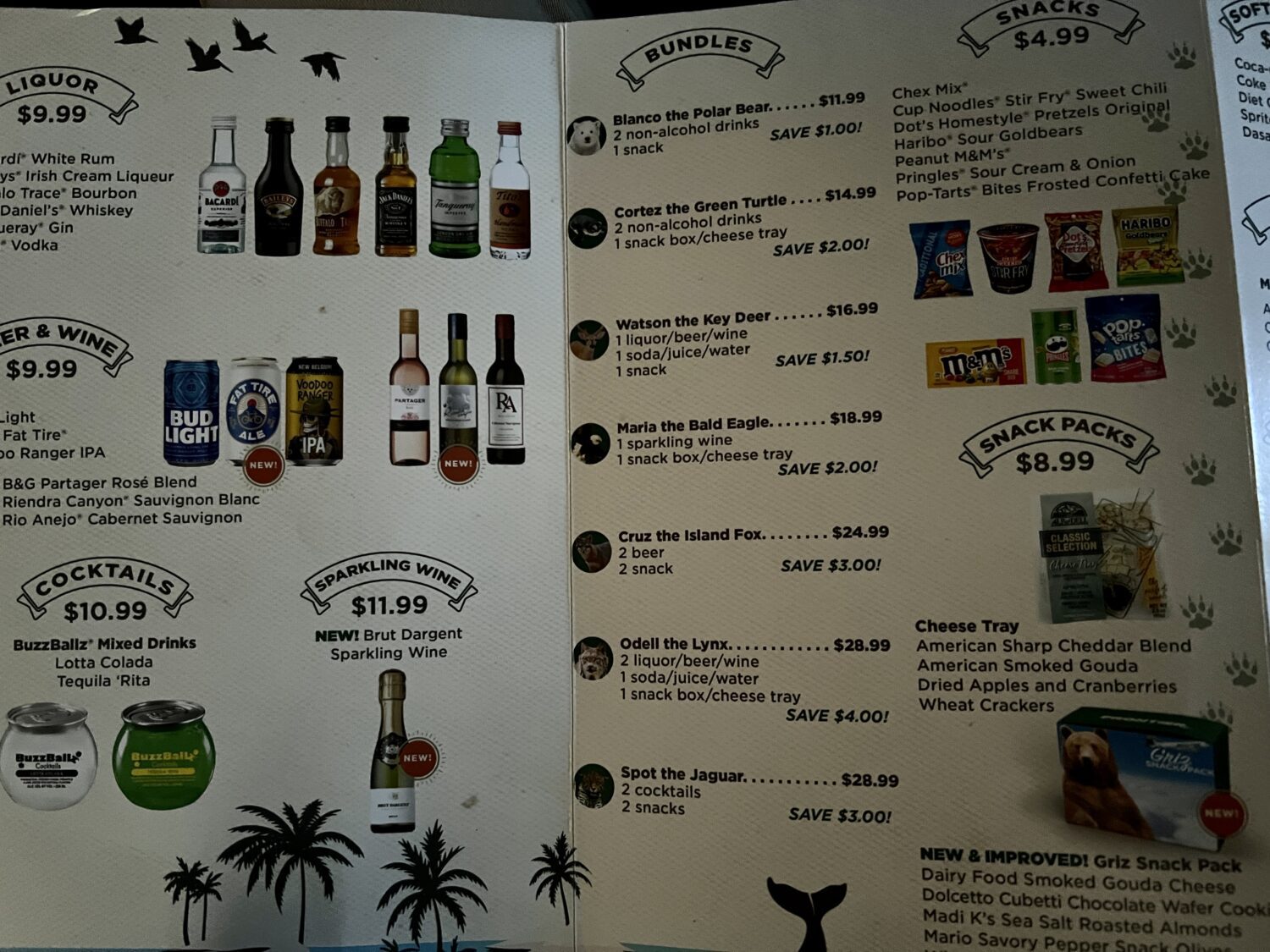 frontier airlines drink and snack menu with prices