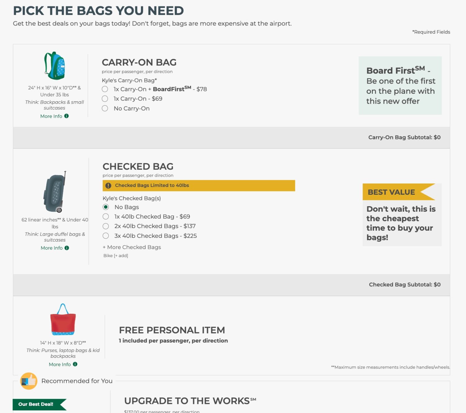 costs to add a carry-on bag or checked luggage on frontier