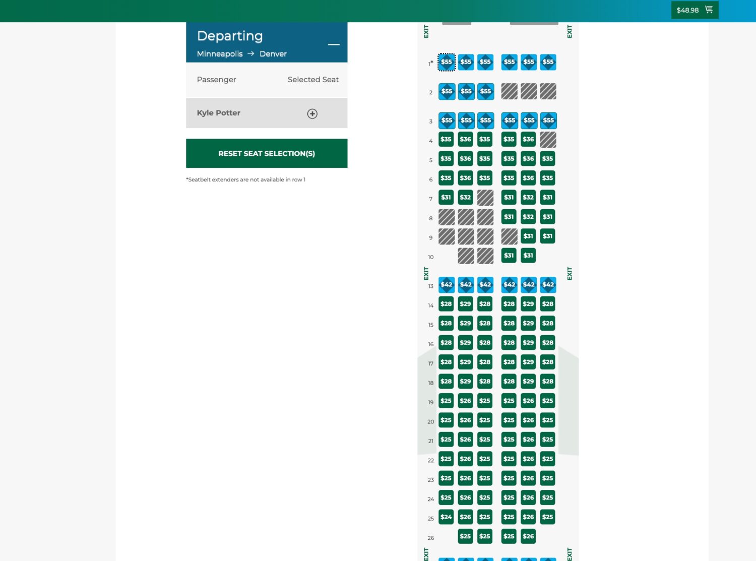 frontier airlines seatmap with seat selection fees