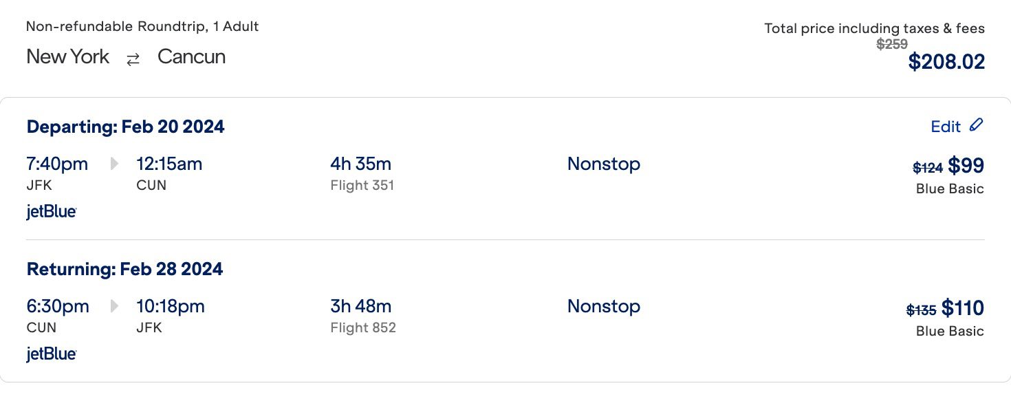 jetblue sale jfk cun