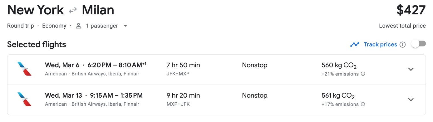 jfk to milan cheap flight for $427