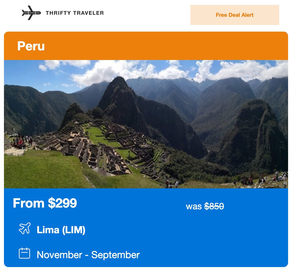 thrifty traveler peru flight deal for $299