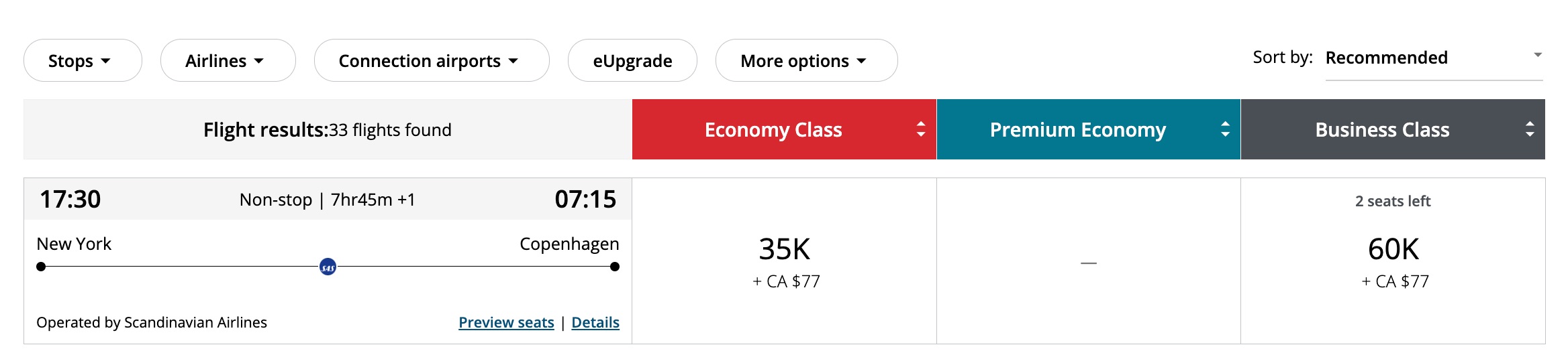 newark to copenhagen biz class