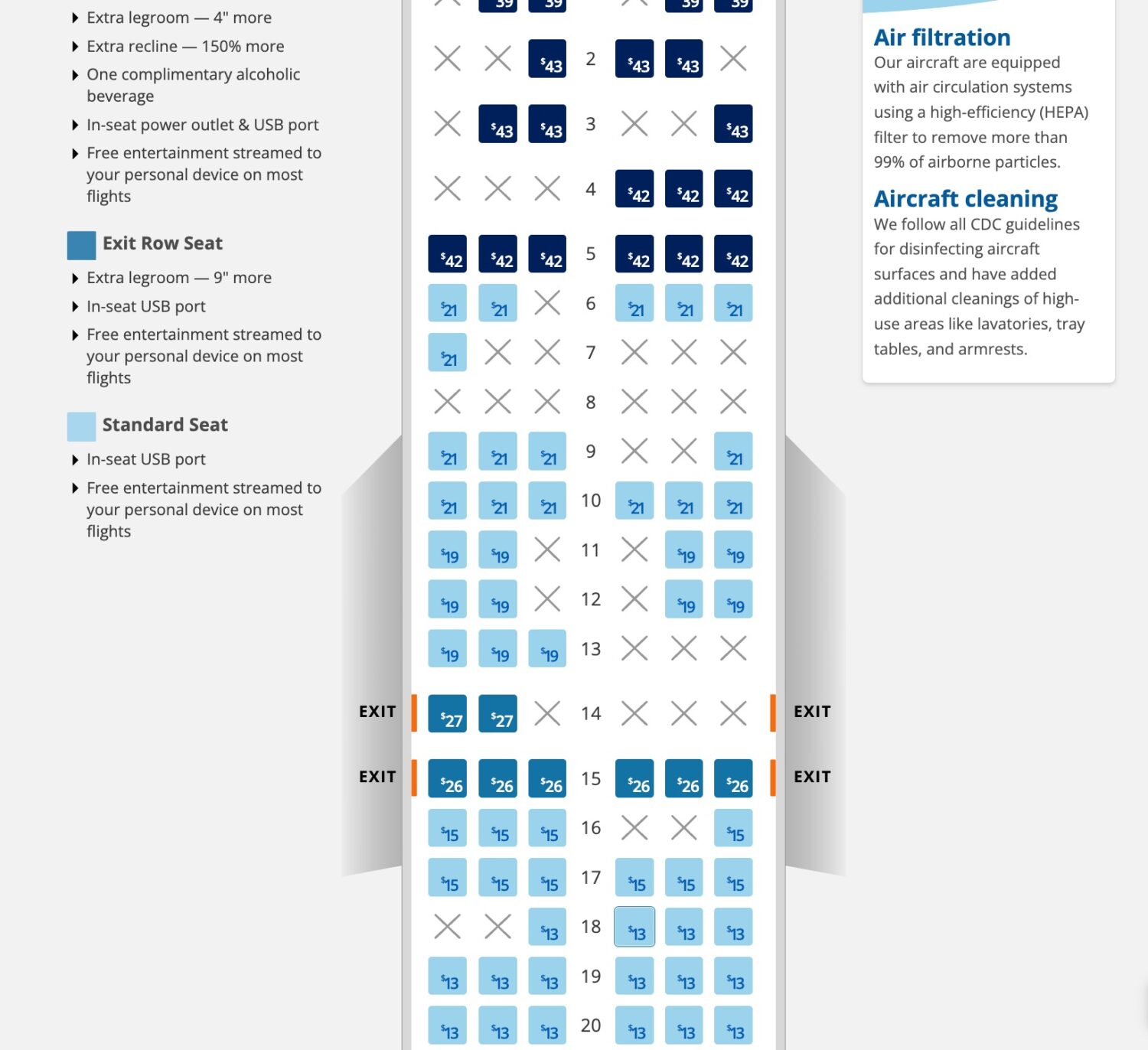 sun country seat fees on a seat map